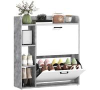 HOMCOM Scarpiera Salvaspazio Slim con 2 Ante a Ribalta, Scarpiera Ingresso con 3 Vani Aperti, Ripiani Regolabili, Piano Superiore, Porta Scarpe per 15 Paia in Legno con Maniglia, 83x24x90.5 cm, Grigio