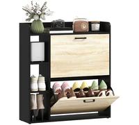 HOMCOM Scarpiera Salvaspazio Slim con 2 Ante a Ribalta, Scarpiera Ingresso con 3 Vani Aperti, Ripiani Regolabili, Piano Superiore, Porta Scarpe per 15 Paia in Legno con Maniglia, 83x24x90.5 cm, Nero