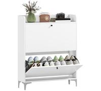 HOMCOM Scarpiera Salvaspazio Slim con 2 Ante a Ribalta, Scarpiera Ingresso con Ripiani Regolabili, Piano Superiore e Base Rialzata, Porta Scarpe per 16 Paia in Legno con Maniglia, 80x24x101 cm, Bianco