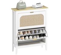 HOMCOM Scarpiera Salvaspazio Slim con 2 Ante a Ribalta Stile Boho in Rattan, Scarpiera Ingresso con Ripiani Regolabili su 2 Livelli, Porta Scarpe per 14 Paia con Maniglia, 80x24x95.5 cm, Bianco