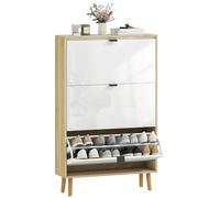 HOMCOM Scarpiera Salvaspazio Slim con 3 Ante a Ribalta, Scarpiera Ingresso con Ripiani Regolabili su 2 Livelli e Base Rialzata, Porta Scarpe per 24 Paia con Maniglia, 80x24x127 cm, Bianco Lucido