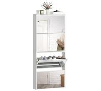 HOMCOM Scarpiera Salvaspazio Slim con 4 Ante a Ribalta a Specchio, Scarpiera Ingresso con Piano Superiore, Porta Scarpe per 12 Paia in Legno con Maniglia, 63x17x146 cm, Bianco