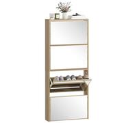 HOMCOM Scarpiera Salvaspazio Slim con 4 Ante a Ribalta a Specchio, Scarpiera Ingresso con Piano Superiore, Porta Scarpe per 12 Paia in Legno con Maniglia, 63x17x146 cm, Color Legno
