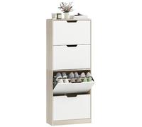 HOMCOM Scarpiera Salvaspazio Slim Ingresso per 16 Paia Color Legno e Bianco | 4 Ante a Ribalta, Ripiani Regolabili, Porta Scarpe, Maniglia a Incavo, 62.5x26x156 cm