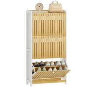 Homcom Scarpiera Stretta con 3 Porte in Bambù con Doghe Ripiani Regolabili per 18 Paia di Scarpe Bianco e Naturale