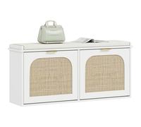 HOMCOM Scarpiera stretta con seduta imbottita e 2 cassetti a ribalta, stile boho, con ante in rattan e ripiani regolabili, per corridoio, ingresso, contiene 10 paia, colore: bianco