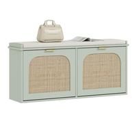 HOMCOM Scarpiera stretta con seduta imbottita e 2 cassetti a ribalta, stile boho, con ante in rattan e ripiani regolabili, per corridoio, ingresso, contiene 10 paia, colore: verde chiaro