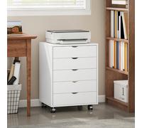 HOMCOM Schedario da Ufficio con 5 Cassetti, Ruote e Blocco, Cassettiera Ufficio per Documenti A3/Lettera/Formato A4, Armadietto Verticale Salvaspazio per Studio, 50x40x67.5 cm, Bianco La cassettiera d