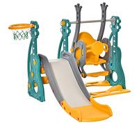 HOMCOM Scivolo 3 in 1 per Bambini con Altalena Regolabile, Canestro e Palle per Cameretta e Giardino, 152x149x107cm, Blu, Grigio, Giallo