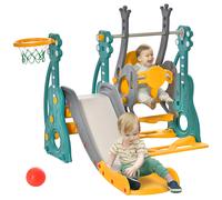 HOMCOM Scivolo e Altalena per Bambini 4 in 1, Parco Giochi per Bambini con Canestro da Basket, Scivolo, Altalena, Seduta