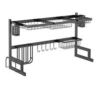 HOMCOM Scolapiatti, scolapiatti a 2 livelli con gancio, scolapiatti, scolapiatti da 52,5 cm per lavello, acciaio, nero