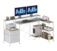 HOMCOM Scrivania ad angolo con prese e luci LED RGB 172x100 cm bianco | Scrivania computer, supporto monitor, 2 cass. tessuto, supporto stampante, tavolo computer, camera letto, angolo lavoro