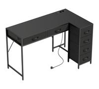 HOMCOM Scrivania Angolare a 6 Cassetti con Gancio Laterale e Prese Integrate, in Legno e Acciaio, 126x48x80 cm, Nero Aosom Italy
