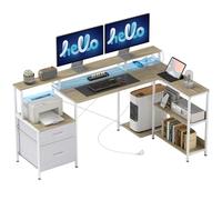 HOMCOM Scrivania angolare con prese e LED RGB, scrivania per computer con supporto per schermo, 2 cassetti in tessuto, supporto stampante, tavolo da computer, 172 x 100 cm, bianco