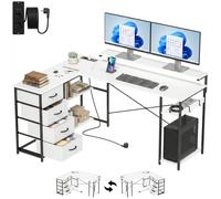 HOMCOM Scrivania Angolare con Prese, Supporto Monitor e 4 Cassetti Bianco e Nero