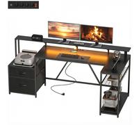HOMCOM Scrivania Gaming Reversibile ad L con LED, 192.5cm Scrivania Angolare con Prese Elettriche, Supporto Monitor e CPU, 2 Cassetti in Tessuto per Documenti A4/Legale, per Casa Ufficio Studio, Nero