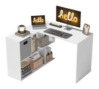 HOMCOM Scrivania Angolare per Computer, 110x100 cm Scrivania ad L con Scaffale e Cassetto in Tessuto, Tavolo per PC per Camera da Letto, Ufficio e Studio, Bianco