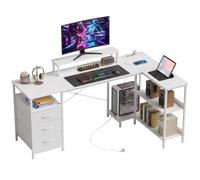HOMCOM Scrivania Angolare Reversibile per Computer ad L 170x100cm Bianco | Prese di Corrente, Cassetti in Tessuto, Supporto Monitor e Mensole, Tavolo per PC, Ufficio e Studio