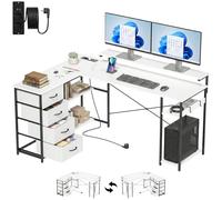 HOMCOM Scrivania Angolare Reversibile, 155x112cm Scrivania ad Angolo con Stazione di Ricarica, 4 Cassetti in Tessuto, Supporto per PC e 2 Ganci, Tavolo ad L per Computer Ufficio Studio, Bianco