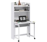 HOMCOM Scrivania con Libreria, Piano Pieghevole, 2 Ruote e 4 Ripiani, Scrivania Salvaspazio Moderna con Foro Passacavi, Tavolo per Computer, Casa Ufficio Studio Camera da Letto, 80x69x155 cm, Bianco