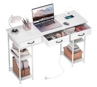 HOMCOM Scrivania da cucina con porte di ricarica USB e USB-C, 2 prese, scrivania per computer con ripiani regolabili, 3 cassetti in tessuto, tavolo da lavoro, scrivania per laptop, ufficio, bianco