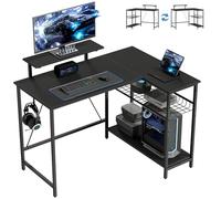 HOMCOM Scrivania da gioco reversibile 114,5 x 82 cm, scrivania da gioco angolare con supporto per schermo e ripiano in rete regolabile, tavolo da computer per studiare, giocare e lavorare, fibra di