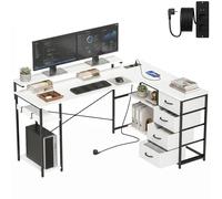 HOMCOM Scrivania Angolare Reversibile, 155x112cm Scrivania ad Angolo con Stazione di Ricarica, 4 Cassetti in Tessuto, Supporto per PC e 2 Ganci, Tavolo ad L per Computer Ufficio Studio, Bianco