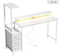 HOMCOM Scrivania Gaming 147 cm, Tavolo per Computer con Supporto CPU Regolabile e Reversibile, Luci RGB, Prese di Alimentazione, Porte USB e USB-C, Supporto Monitor e 3 Cassetti in Tessuto, Bianco Aos
