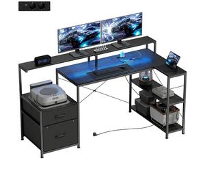 HOMCOM Scrivania Gaming ad L con Multipresa, Luci LED, 165x80 cm, Nero
