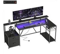 HOMCOM Scrivania Gaming Reversibile ad L con LED, 192.5cm Scrivania Angolare con Prese Elettriche, Supporto Monitor e CPU, 2 Cassetti in Tessuto per Documenti A4/Legale, per Casa Ufficio Studio, Nero