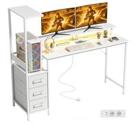 HOMCOM Scrivania Gaming con Supporto CPU Regolabile Reversibile e LED, 147x47cm Postazione Gaming con Stazione di Ricarica, Supporto per Monitor, 3 Cassetti in Tessuto, per Casa Ufficio Studio, Bianco
