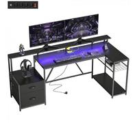 HOMCOM Scrivania Gaming Reversibile ad L con LED, 192.5cm Scrivania Angolare con Prese Elettriche, Supporto Monitor e CPU, 2 Cassetti in Tessuto per Documenti A4/Legale, per Casa Ufficio Studio, Nero