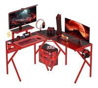 HOMCOM Scrivania Gaming Scrivania Angolare Scrivania Gamer 125 x 125 cm a Forma di L con Vassoio in Fibra di Carbonio, Supporto Schermo Porta Bicchiere e Gancio per Casco, Rosso