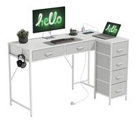 HOMCOM Scrivania Angolare Reversibile con Prese di Corrente e Porte USB, 126x48 cm Scrivania ad Angolo ad L con 6 Cassetti in Tessuto, Gancio Laterale, per Computer Ufficio Studio Casa, Bianco