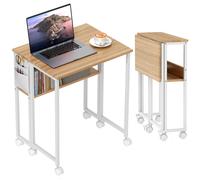 HOMCOM Scrivania Salvaspazio Pieghevole a Ribalta, 63x50x75 cm Scrivania Piccola con Ruote a Freno, Scaffale e Tasca Portaoggetti, Tavolo Computer Richiudibile per Casa, Studio e Ufficio, Color Legno