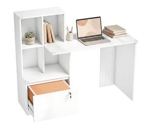 HOMCOM Scrivania per computer con libreria a 4 scomparti e cassetto chiudibile con schienali, pattini anti-collisione, tavolo da computer per camera studio, 126 x 50 x 109 cm, grana di legno bianco