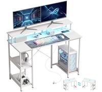 HOMCOM Scrivania per Computer Reversibile con Ripiani, 120x50 cm Scrivania da Ufficio con Prese Elettriche e Luci LED, Tavolo Porta PC da Studio con Doppio Supporto per Monitor, Bianco