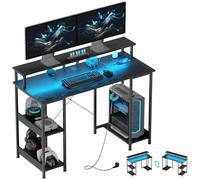 HOMCOM Scrivania per Computer Reversibile Ripiani, 120x50 cm Scrivania da Ufficio con Prese Elettriche e Luci LED, Tavolo Porta PC da Studio con Doppio Supporto per Monitor, Nero