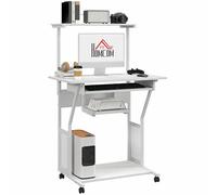 HOMCOM Scrivania per computer, scrivania con ripiani portaoggetti, postazione di lavoro e vassoio per tastiera, tavolo per computer su rotelle, 80 x 50 x 130 cm, bianco
