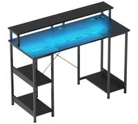 HOMCOM Scrivania per PC Reversibile con Prese Elettriche, Luci, Supporto Monitor e Scaffale, 120x50cm, Nero