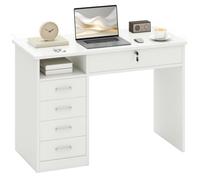 HOMCOM Scrivania per Ufficio e Camera con 5 Cassetti 110x50x76cm Bianco | Scrivania per PC e Computer, Piano da Lavoro, in Legno, 2 Chiavi, Moderna