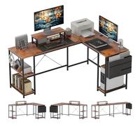 HOMCOM Scrivania reversibile a forma di L, 168 cm, scrivania angolare industriale per computer con ripiano regolabile e borsa portaoggetti, tavolo per PC per 2 persone con supporto per monitor