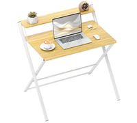 HOMCOM Scrivania Salvaspazio per Computer, 86x66 cm Scrivania Piccola Porta PC con Gambe a X e Ripiano Rialzato, Scrivania Pieghevole da Ufficio Moderna per Studio in Legno e Acciaio, Color Legno