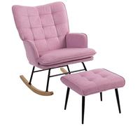 HOMCOM Sedia a dondolo con poggiapiedi, poltrona relax, con cuscino imbottito, schienale alto, braccioli e gambe in legno, carico 130 kg, per soggiorno, camera da letto, rosa