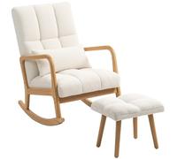 HOMCOM Sedia a dondolo con poggiapiedi, sedia a dondolo, per allattamento in spugna, gambe in legno, cuscino incluso, a dondolo per soggiorno, camera da letto, balcone, bianco