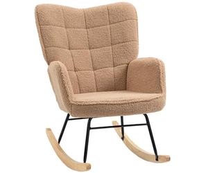 HOMCOM Sedia a Dondolo da Interno Imbottita, Poltrona a Dondolo Relax in Pile Berbero con Braccioli, Struttura in Acciaio e Gambe in Legno di Faggio per Soggiorno e Camera da Letto, Marrone