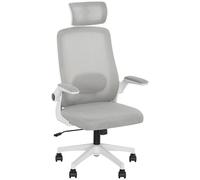 HOMCOM Sedia da ufficio direzionale, ergonomica, con schienale alto in rete, con braccioli ribaltabili, supporto lombare regolabile, poggiatesta girevole, grigio