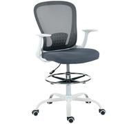 HOMCOM Sedia da ufficio ergonomica con poggiapiedi regolabile e braccioli ribaltabili, sedia da disegno con schienale in rete, altezza regolabile, braccioli alti, girevole a 360°, grigio