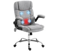 HOMCOM Sedia da Ufficio Massaggiante 4 Punti Vibrante con Funzione Dondolo e Riscaldata, Poltrona Ufficio Sedia Scrivania in Tessuto Effetto Lino con Braccioli Ribaltabili, Altezza Regolabile, Grigio