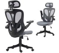 HOMCOM Sedia Ufficio Ergonomica, Braccioli Ribaltabili 3D, Grigio Scuro | Supporto Lombare 2D, Poggiatesta 2D, Sedia da Scrivania Girevole Imbottita, Appendiabiti, Altezza Regolabile Dondolo in Rete